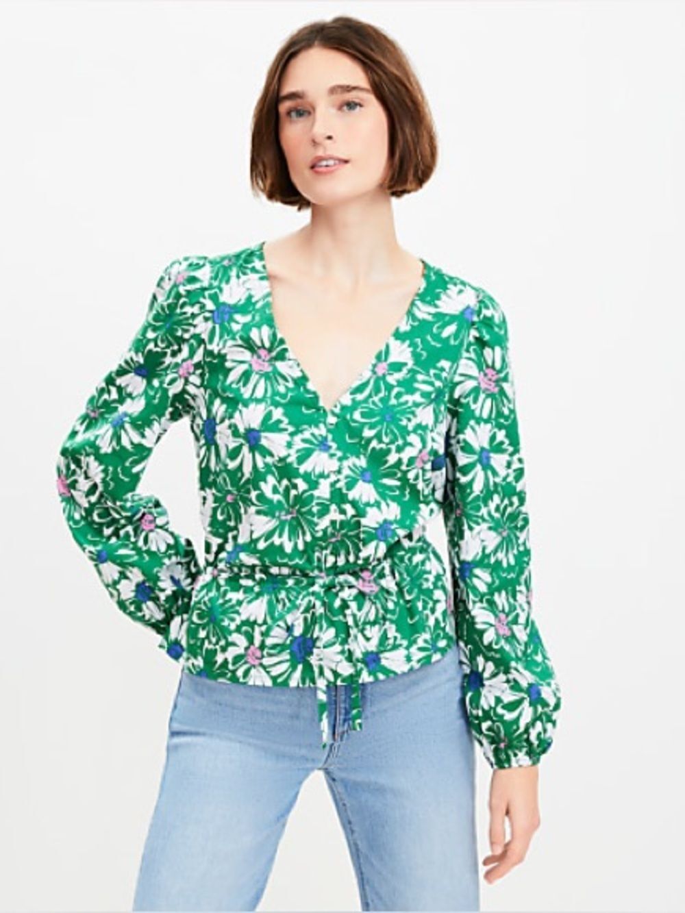 LOFT Green Floral Tie-Front Peplum Blouse - Size Large